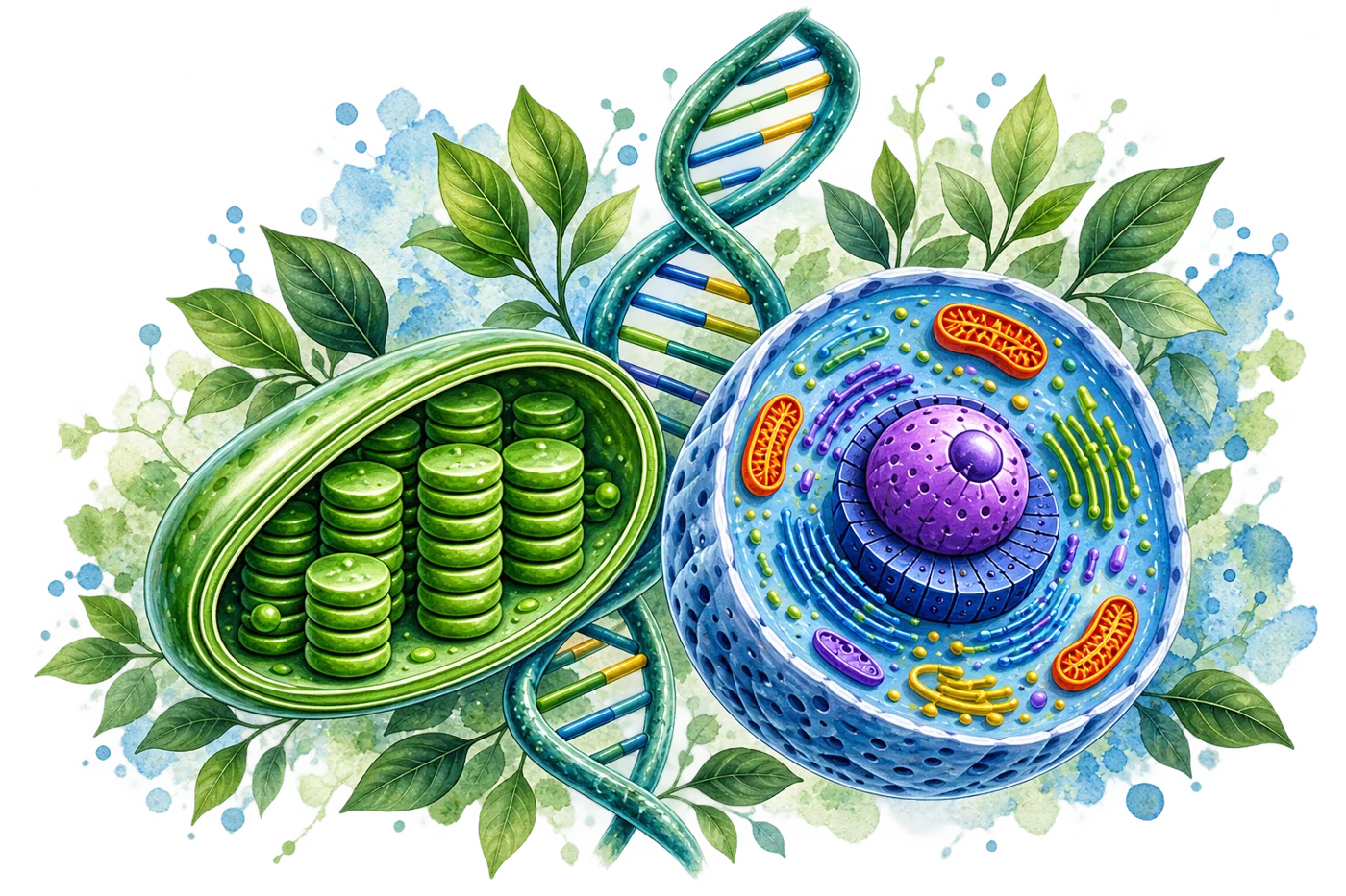 Watercolor illustration of a chloroplast, an animal cell and a DNA double helix.